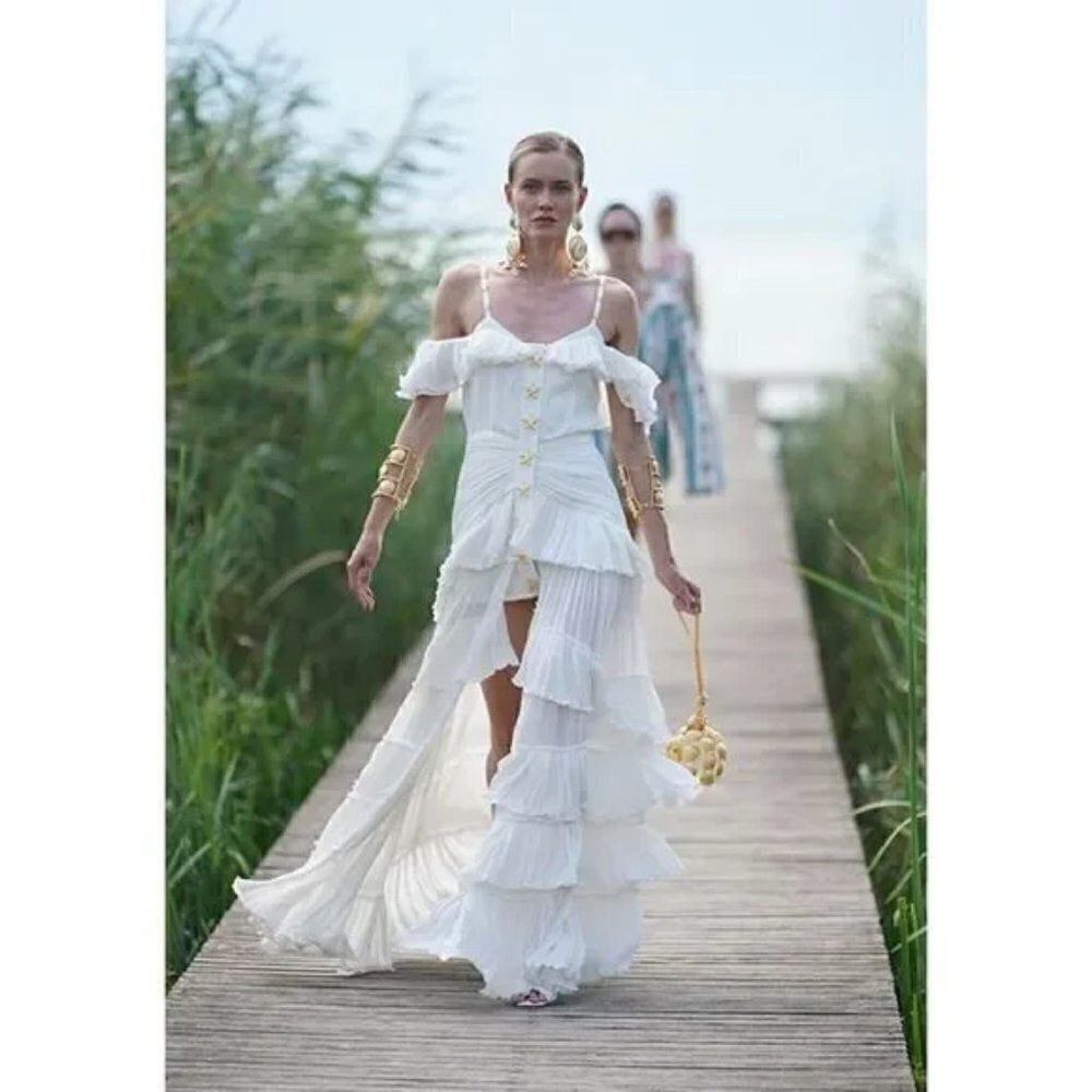 New Raisa Vanessa Draped Off-The-Shoulder Ruffled White Maxi Dress NWT